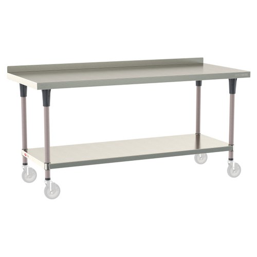 InterMetro Industries TWM3072FS-304B-K TableWorx Mobile-Ready 30" x 72 " - 304 Surface with Backsplash - Stainless Steel Under Shelf - Metroseal Gray Epoxy Coated Legs and Polymer Leg Mounts