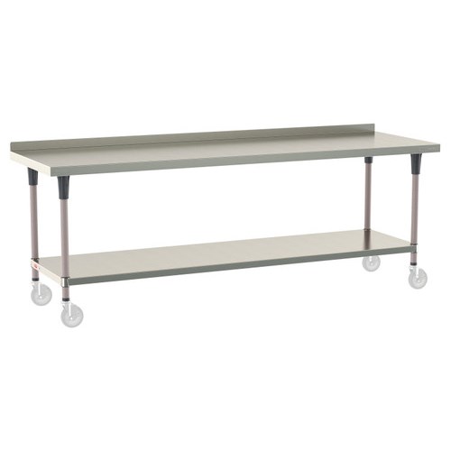 InterMetro Industries TWM3096FS-304B-K TableWorx Mobile-Ready 30" x 96 " - 304 Surface with Backsplash - Stainless Steel Under Shelf - Metroseal Gray Epoxy Coated Legs and Polymer Leg Mounts