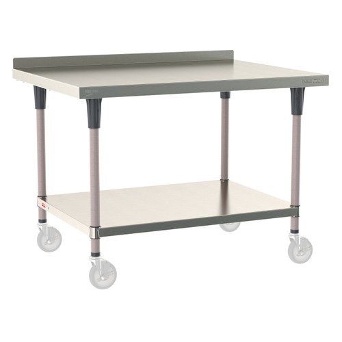 InterMetro Industries TWM3648FS-304B-K TableWorx Mobile-Ready 36" x 48 " - 304 Surface with Backsplash - Stainless Steel Under Shelf - Metroseal Gray Epoxy Coated Legs and Polymer Leg Mounts