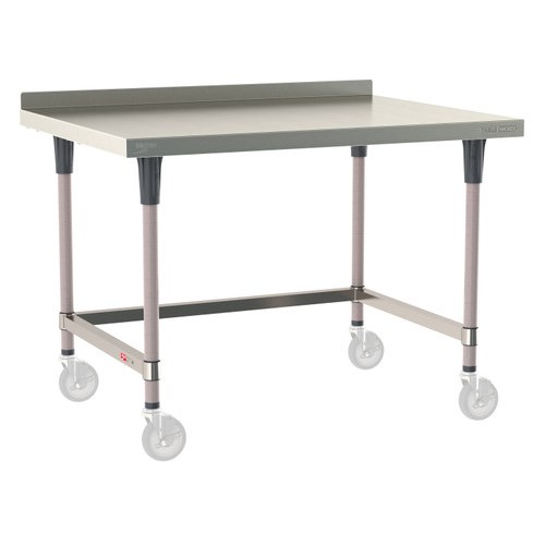 InterMetro Industries TWM3648SU-304B-K TableWorx Mobile-Ready 36" x 48 " - 304 Surface with Backsplash - Stainless Steel 3-Sided Frame - Metroseal Gray Epoxy Coated Legs and Polymer Leg Mounts