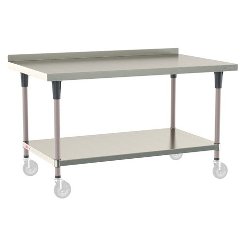 InterMetro Industries TWM3660FS-304B-K TableWorx Mobile-Ready 36" x 60 " - 304 Surface with Backsplash - Stainless Steel Under Shelf - Metroseal Gray Epoxy Coated Legs and Polymer Leg Mounts