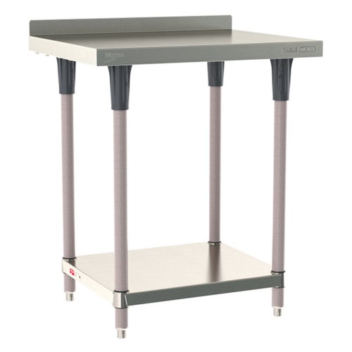 InterMetro Industries TWS2430FS-304B-K TableWorx Stationary 24" x 30 " - 304 Surface with Backsplash - Stainless Steel Under Shelf - Metroseal Gray Epoxy Coated Legs and Polymer Leg Mounts