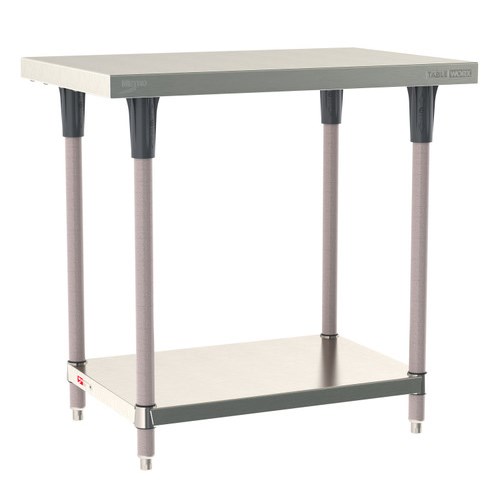 InterMetro Industries TWS2436FS-304-K TableWorx Stationary 24" x 36 " - 304 Surface - Stainless Steel Under Shelf - Metroseal Gray Epoxy Coated Legs and Polymer Leg Mounts