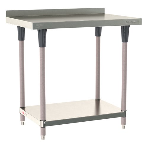 InterMetro Industries TWS2436FS-304B-K TableWorx Stationary 24" x 36 " - 304 Surface with Backsplash - Stainless Steel Under Shelf - Metroseal Gray Epoxy Coated Legs and Polymer Leg Mounts