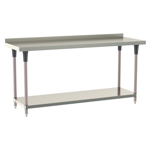 InterMetro Industries TWS2472FS-304B-K TableWorx Stationary 24" x 72 " - 304 Surface with Backsplash - Stainless Steel Under Shelf - Metroseal Gray Epoxy Coated Legs and Polymer Leg Mounts