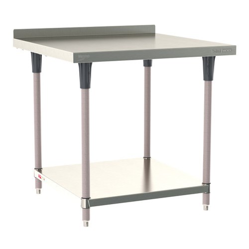 InterMetro Industries TWS3636FS-304B-K TableWorx Stationary 36" x 36 " - 304 Surface with Backsplash - Stainless Steel Under Shelf - Metroseal Gray Epoxy Coated Legs and Polymer Leg Mounts