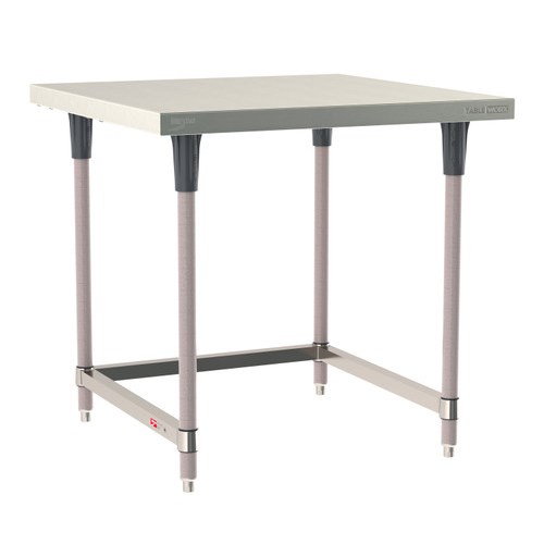 InterMetro Industries TWS3636SU-304-K TableWorx Stationary 36" x 36 " - 304 Surface - Stainless Steel 3-Sided Frame - Metroseal Gray Epoxy Coated Legs and Polymer Leg Mounts