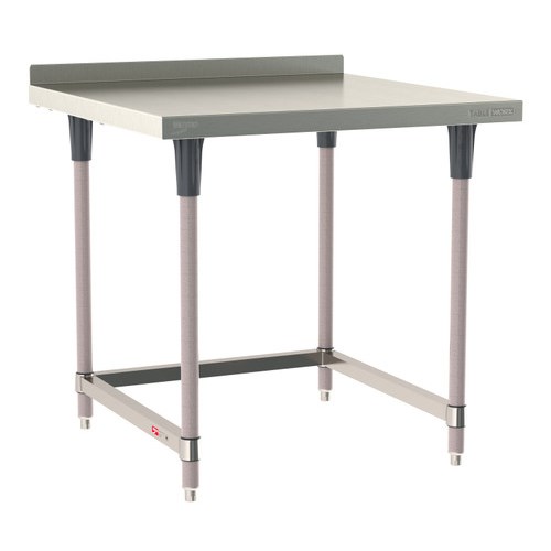 InterMetro Industries TWS3636SU-304B-K TableWorx Stationary 36" x 36 " - 304 Surface with Backsplash - Stainless Steel 3-Sided Frame - Metroseal Gray Epoxy Coated Legs and Polymer Leg Mounts