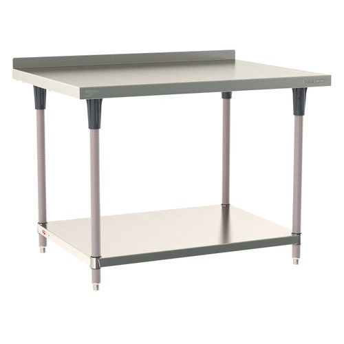 InterMetro Industries TWS3648FS-304B-K TableWorx Stationary 36" x 48 " - 304 Surface with Backsplash - Stainless Steel Under Shelf - Metroseal Gray Epoxy Coated Legs and Polymer Leg Mounts