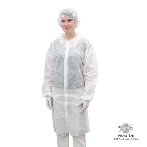 Valutek VTLBCT - MacroTek Spunbond Polypropylene Cleanroom Lab Coat - No Pockets - 3 Bags/Case